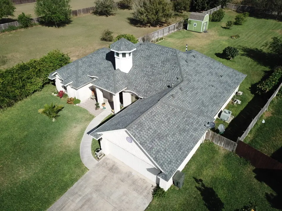 Residential roofing project aerial view