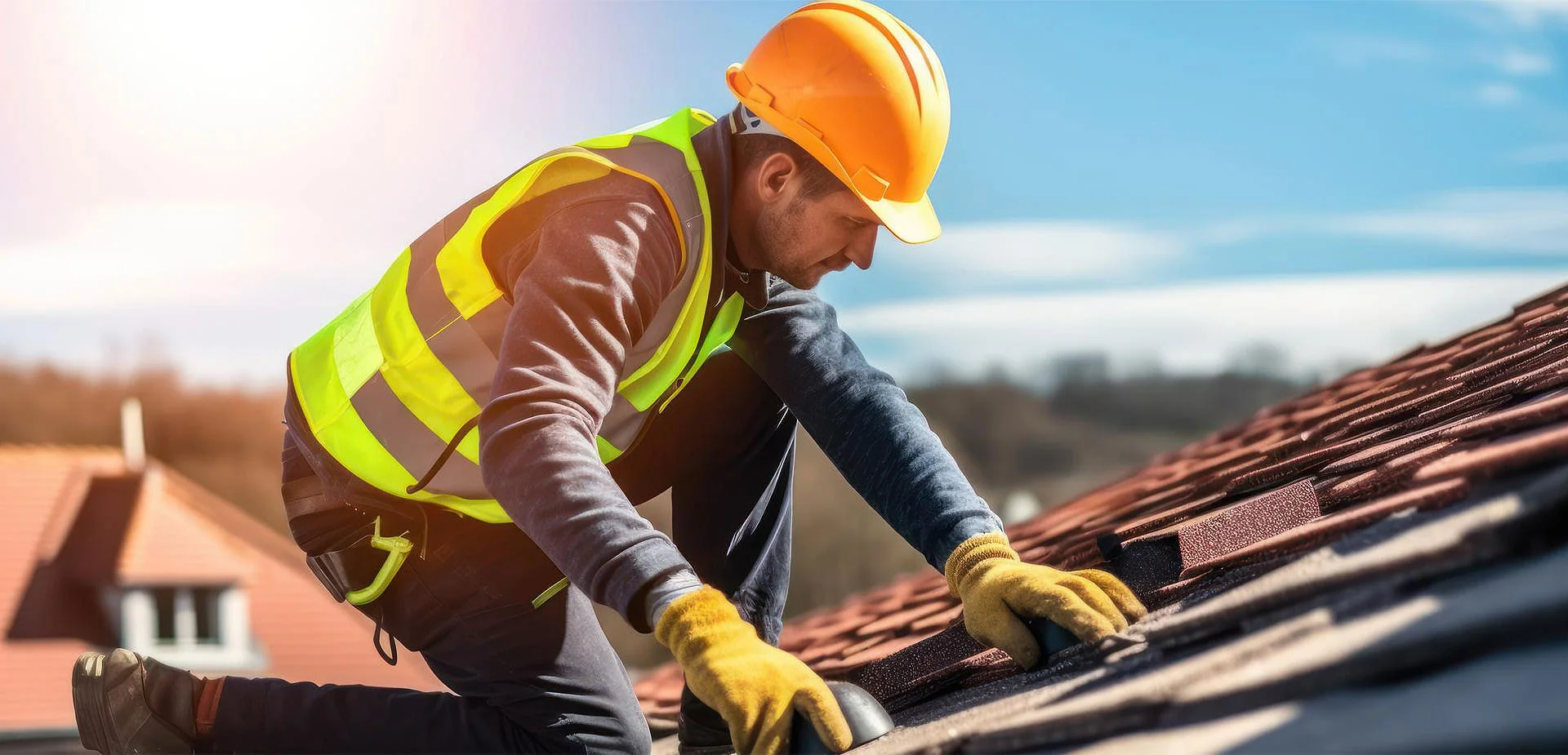 Professional roofer working on residential roofing project
